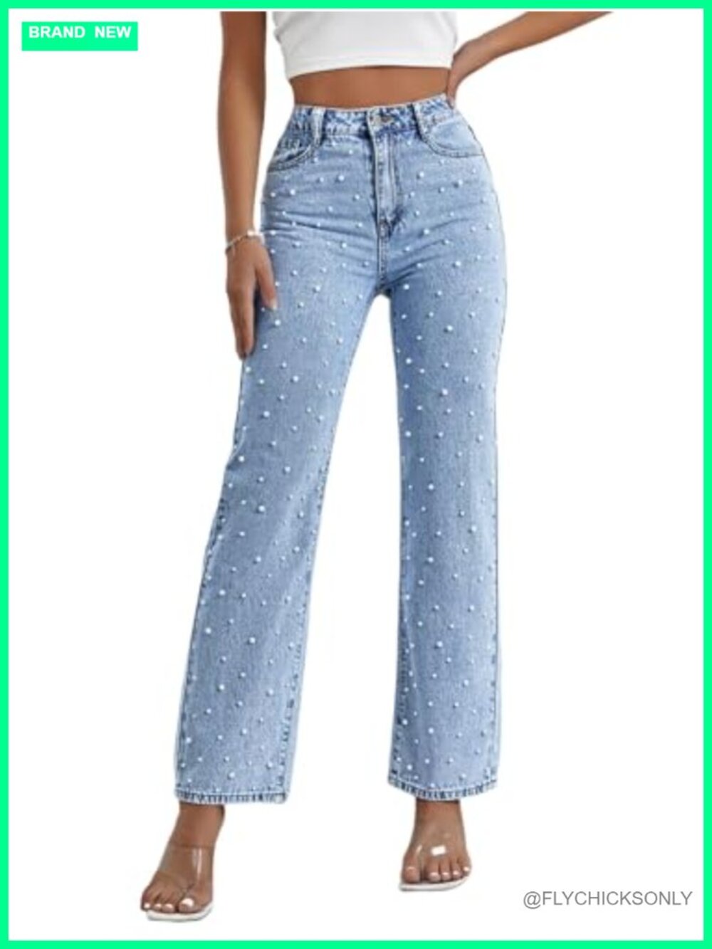 High Waisted Straight Leg Jeans with Faux Pearl Beaded Detail